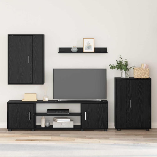 4 Piece TV Cabinet Set Wall-mounted Black oak Engineered wood