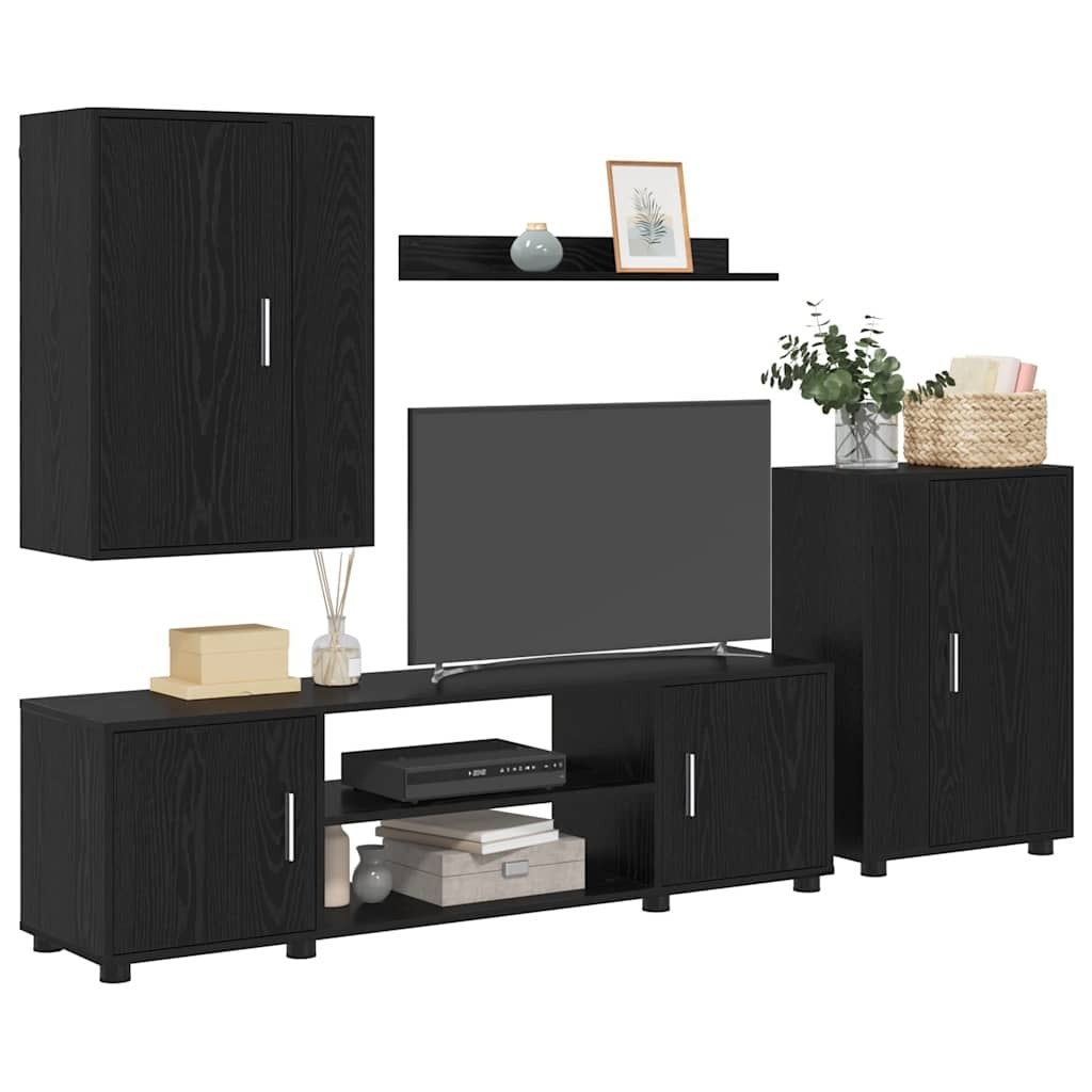 4 Piece TV Cabinet Set Wall-mounted Black oak Engineered wood