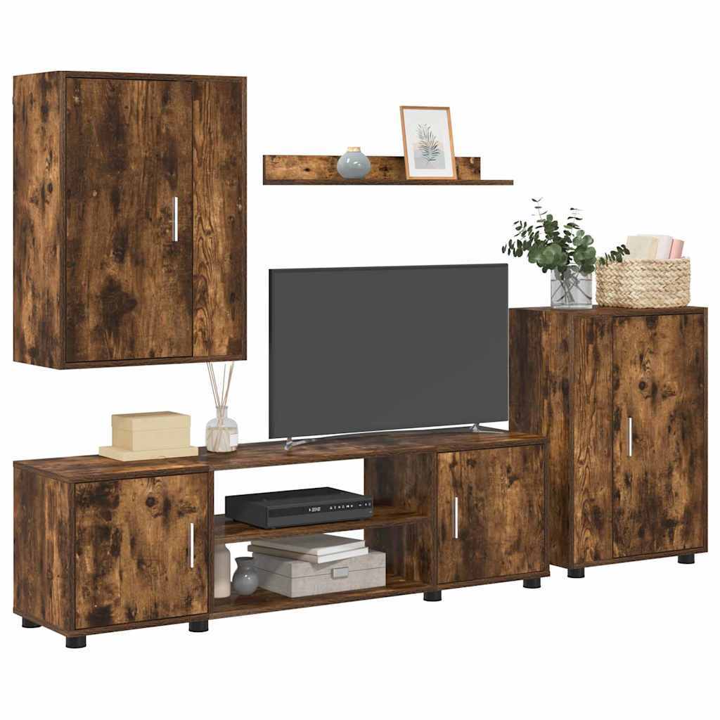 4 Piece TV Cabinet Set Wall-mounted Somoked oak Engineered wood