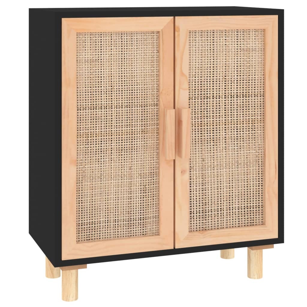 Sideboard Black 60x30x70 cm Solid Wood Pine and Natural Rattan