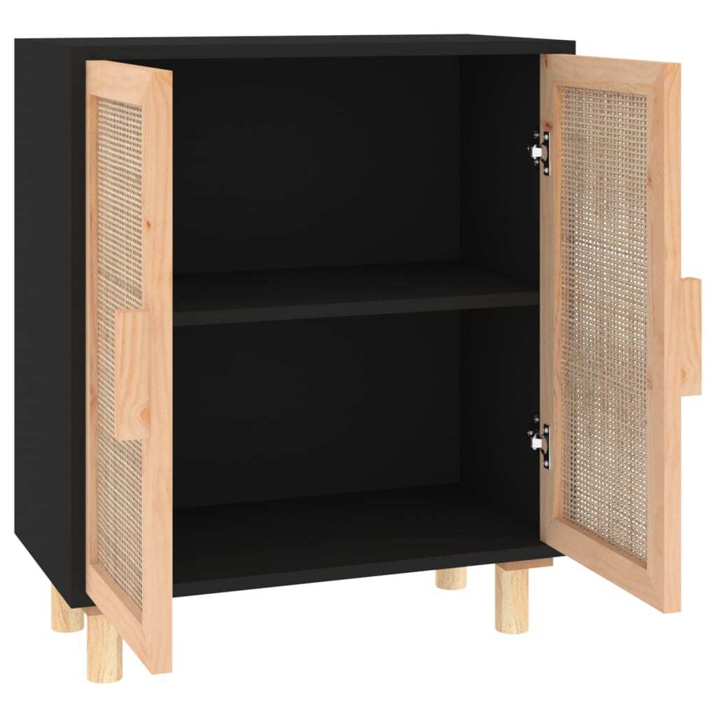 Sideboard Black 60x30x70 cm Solid Wood Pine and Natural Rattan