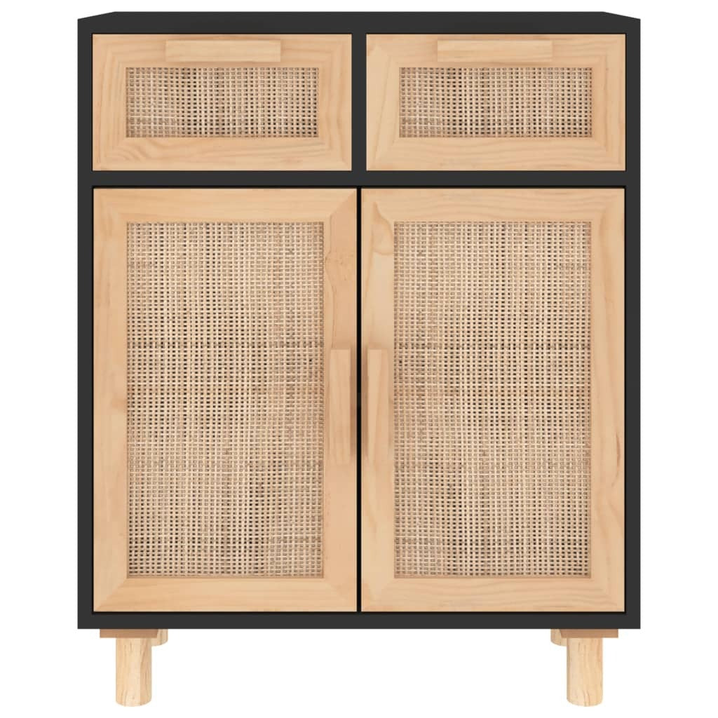 Sideboard Black 60x30x75 cm Solid Wood Pine and Natural Rattan