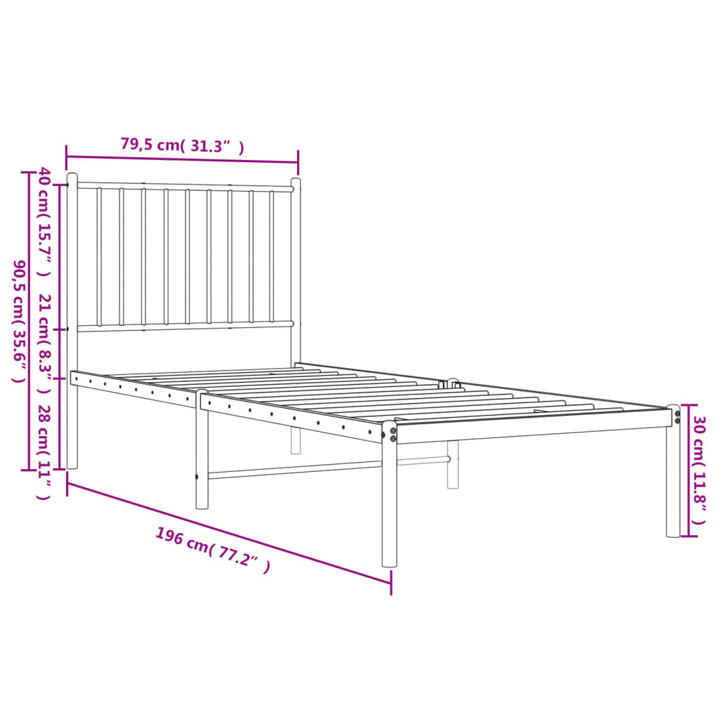 Metal Bed Frame with Headboard Black 75x190 cm Small Single