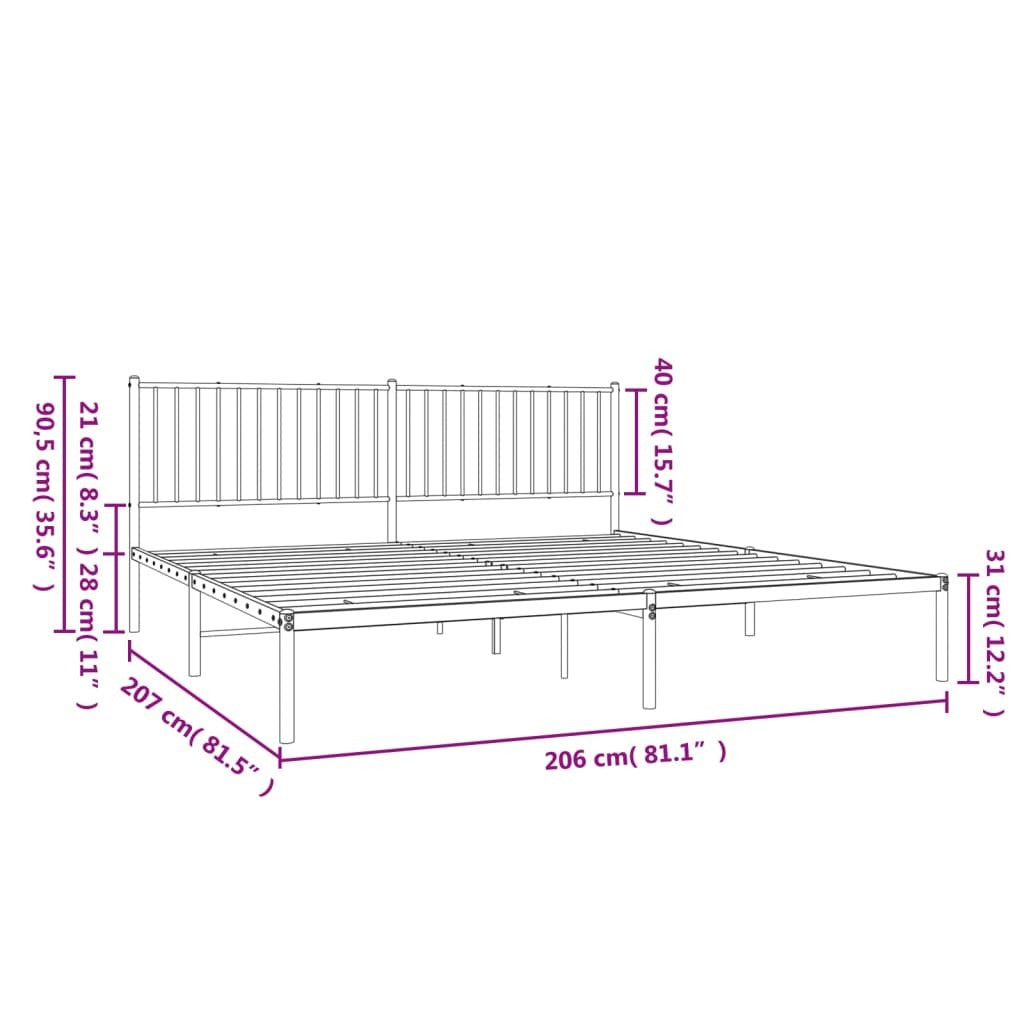 Metal Bed Frame with Headboard Black 200x200 cm