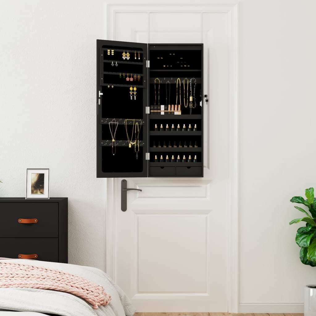 Mirror Jewellery Cabinet with LED Lights Wall Mounted Black