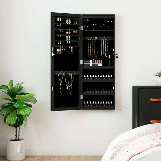 Mirror Jewellery Cabinet with LED Lights Wall Mounted Black