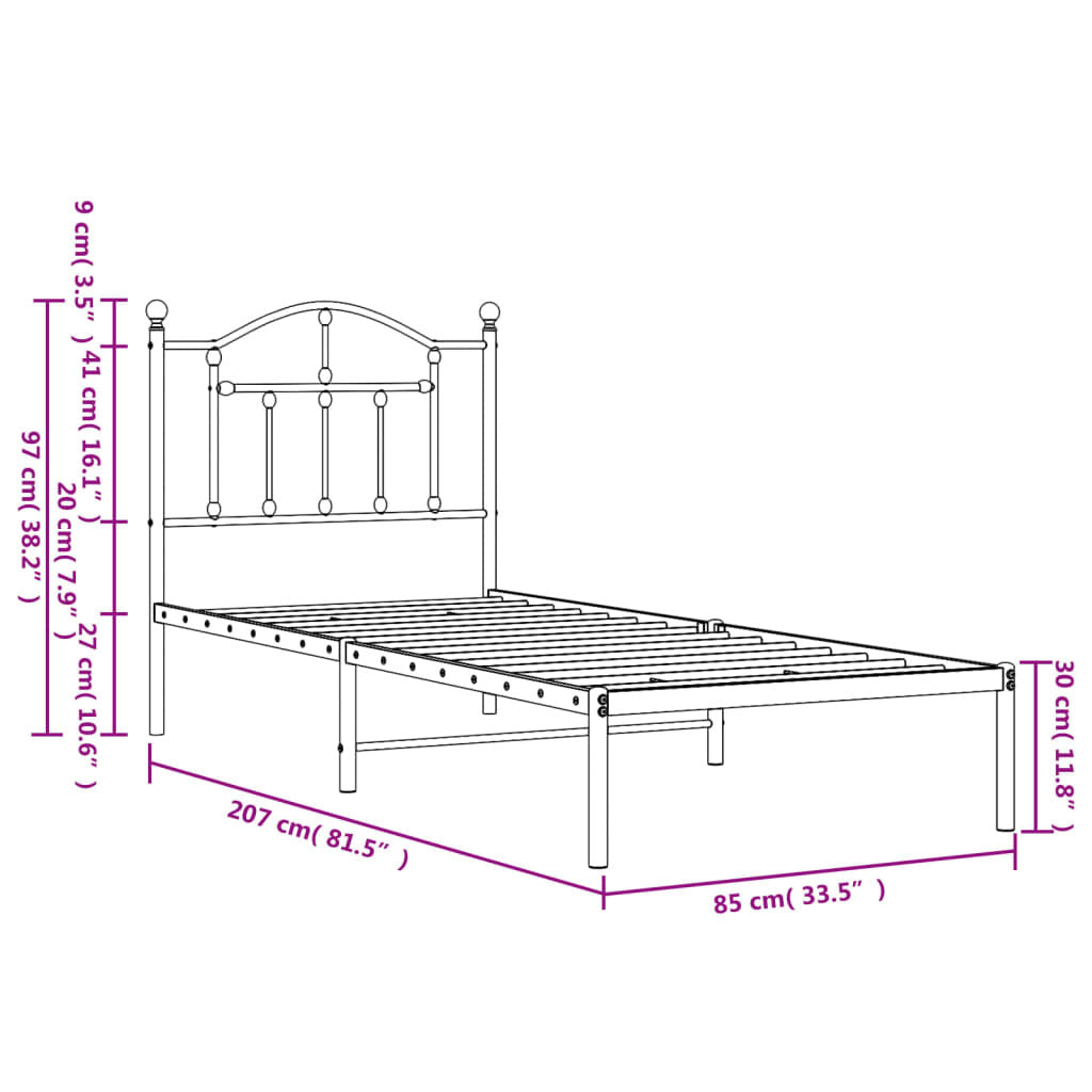 vidaXL Metal Bed Frame without Mattress with Headboard Black 80x200cm