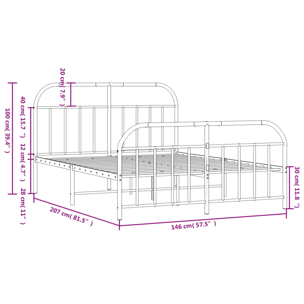 Metal Bed Frame with Headboard and Footboard Black 140x200 cm