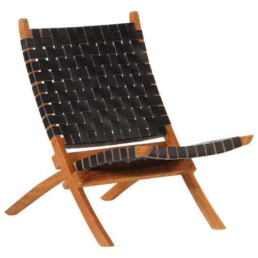 Folding Relaxing Chair Black Real Leather