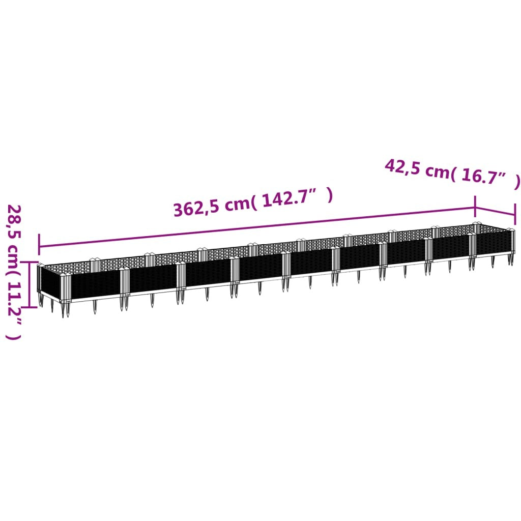 Garden Planter with Pegs Black 362.5x42.5x28.5 cm PP