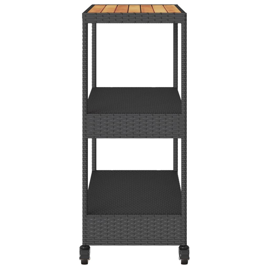 Bar Cart 3-Tier Black Poly Rattan and Solid Wood Acacia