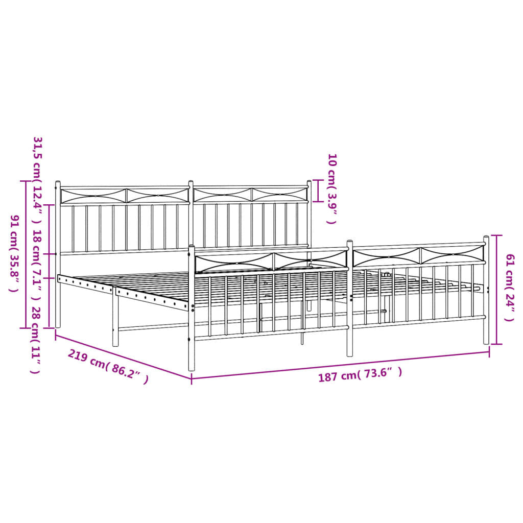 Metal Bed Frame with Headboard and Footboard?Black 183x213 cm