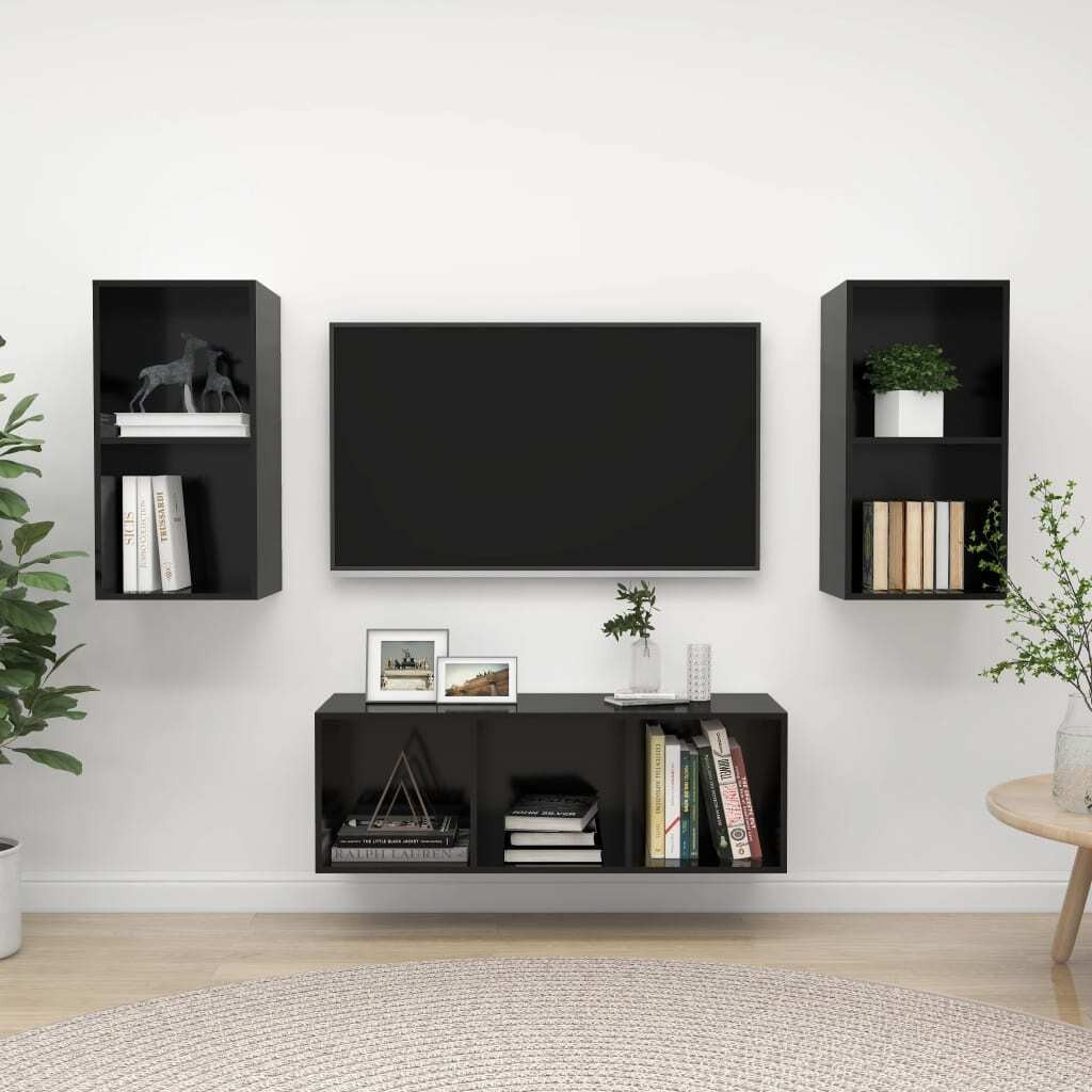  3 Piece TV Cabinet Set High Gloss Black Engineered Wood