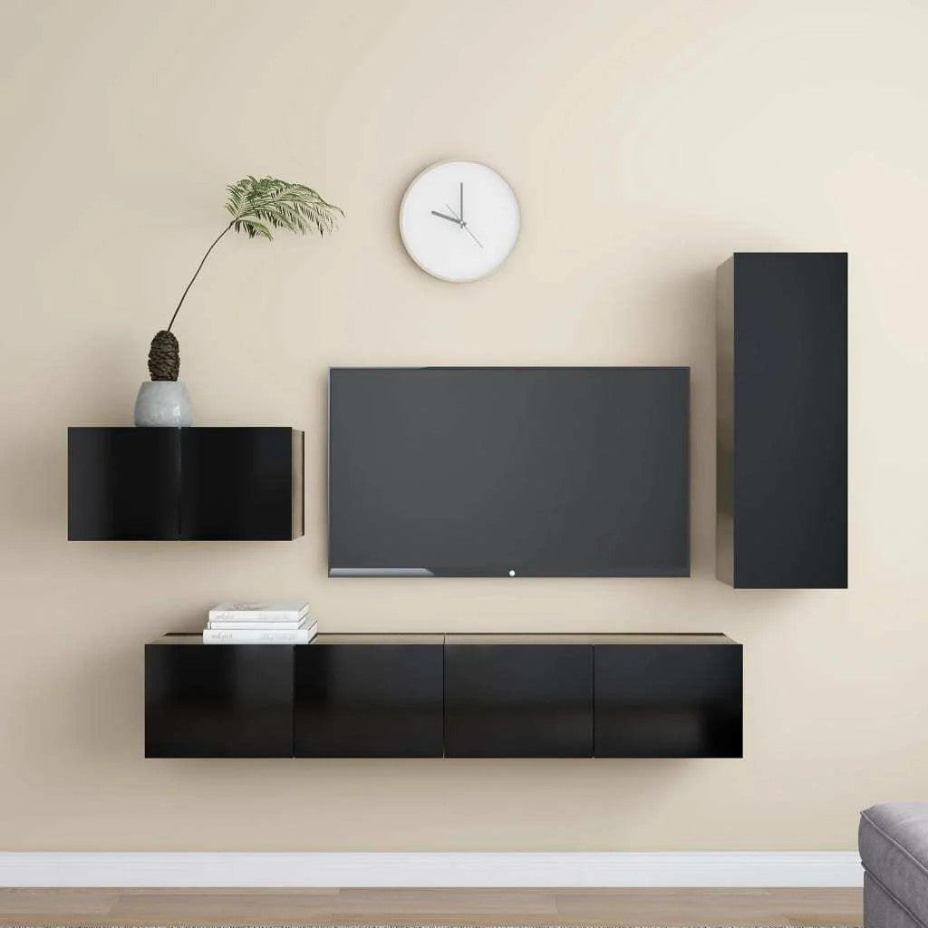  4 Piece TV Cabinet Set Black Engineered Wood