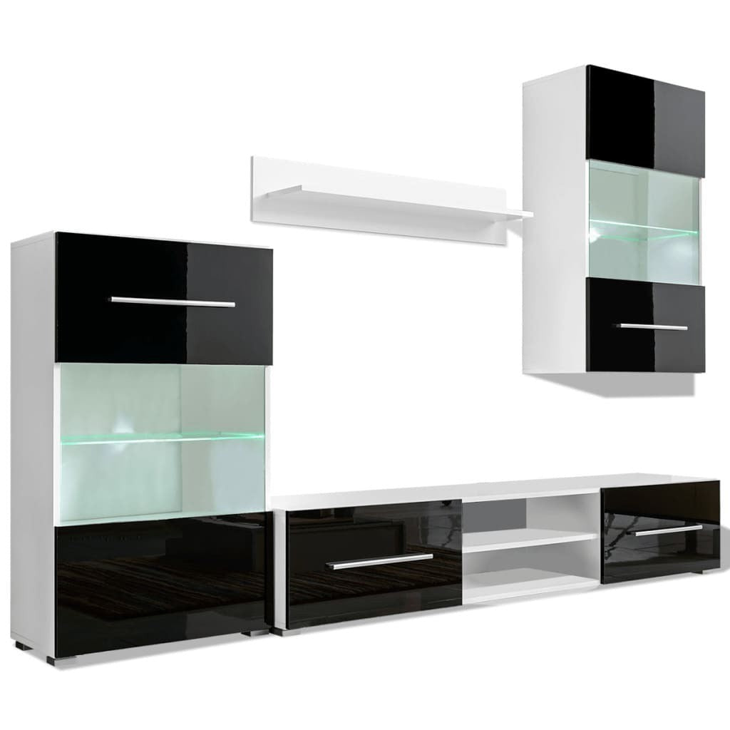 4 pcs Black High Gloss Wall Display Cabinet TV Unit with LED Lighting