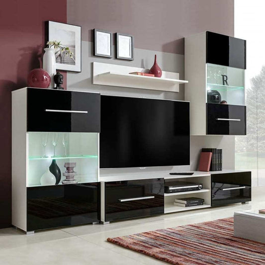 4 pcs Black High Gloss Wall Display Cabinet TV Unit with LED Lighting