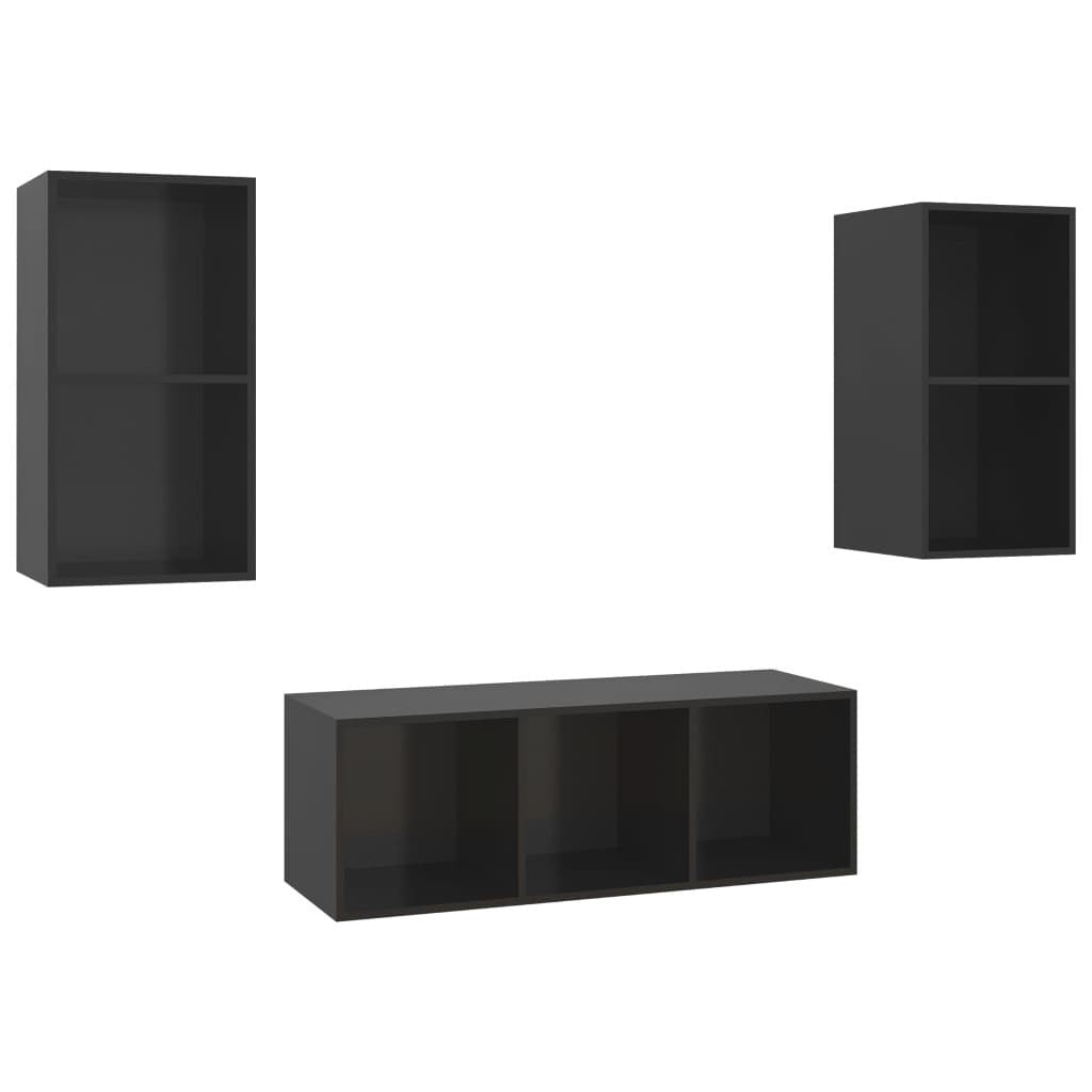  3 Piece TV Cabinet Set High Gloss Black Engineered Wood