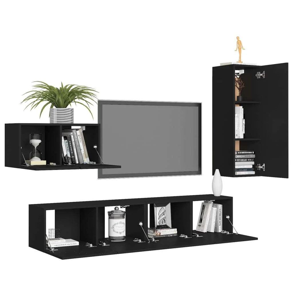  4 Piece TV Cabinet Set Black Engineered Wood