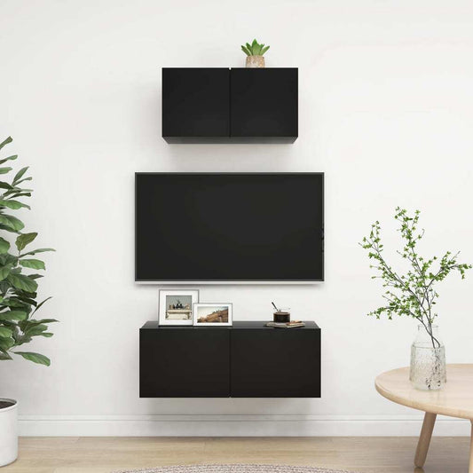  2 Piece TV Cabinet Set Black Engineered Wood