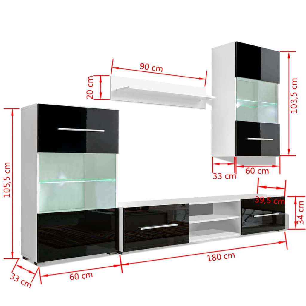 4 pcs Black High Gloss Wall Display Cabinet TV Unit with LED Lighting