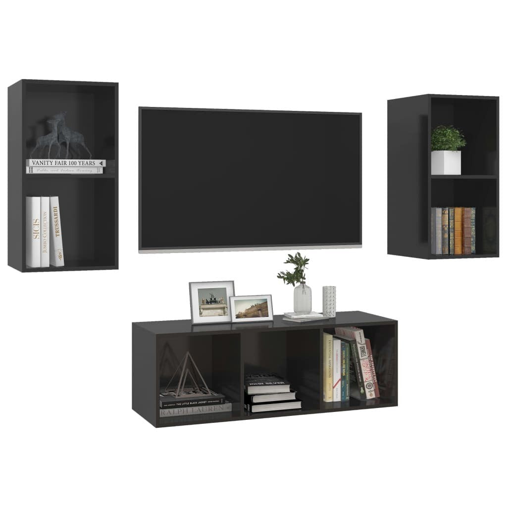  3 Piece TV Cabinet Set High Gloss Black Engineered Wood