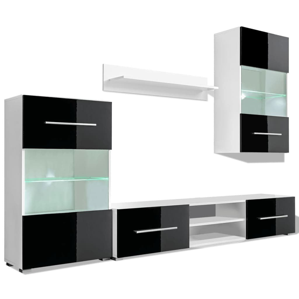 4 pcs Black High Gloss Wall Display Cabinet TV Unit with LED Lighting
