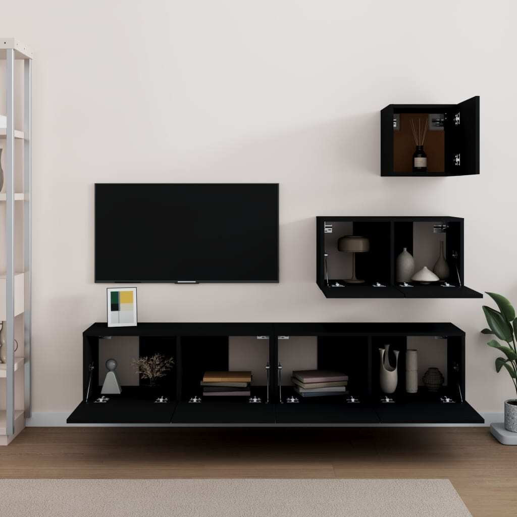4 Piece TV Cabinet Set Black Engineered Wood