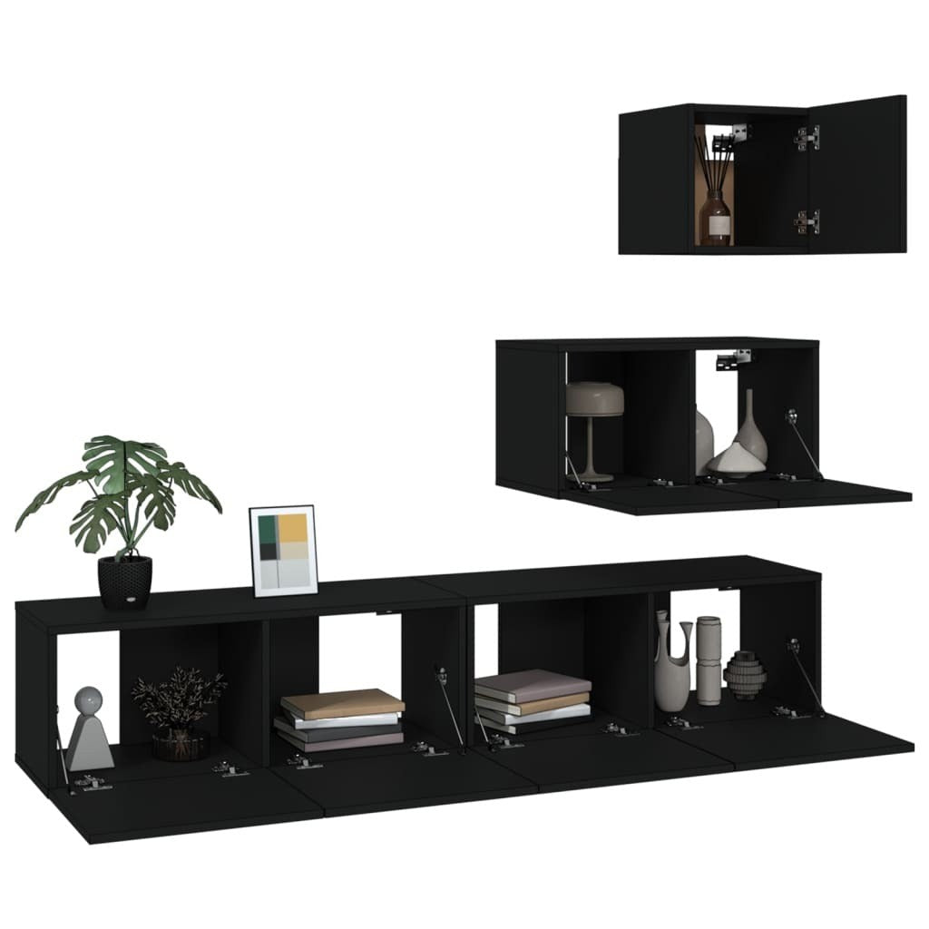 4 Piece TV Cabinet Set Black Engineered Wood