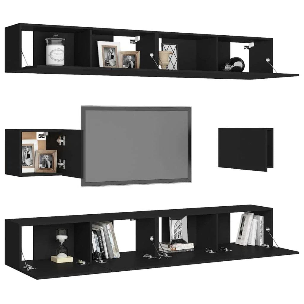  6 Piece TV Cabinet Set Black Engineered Wood