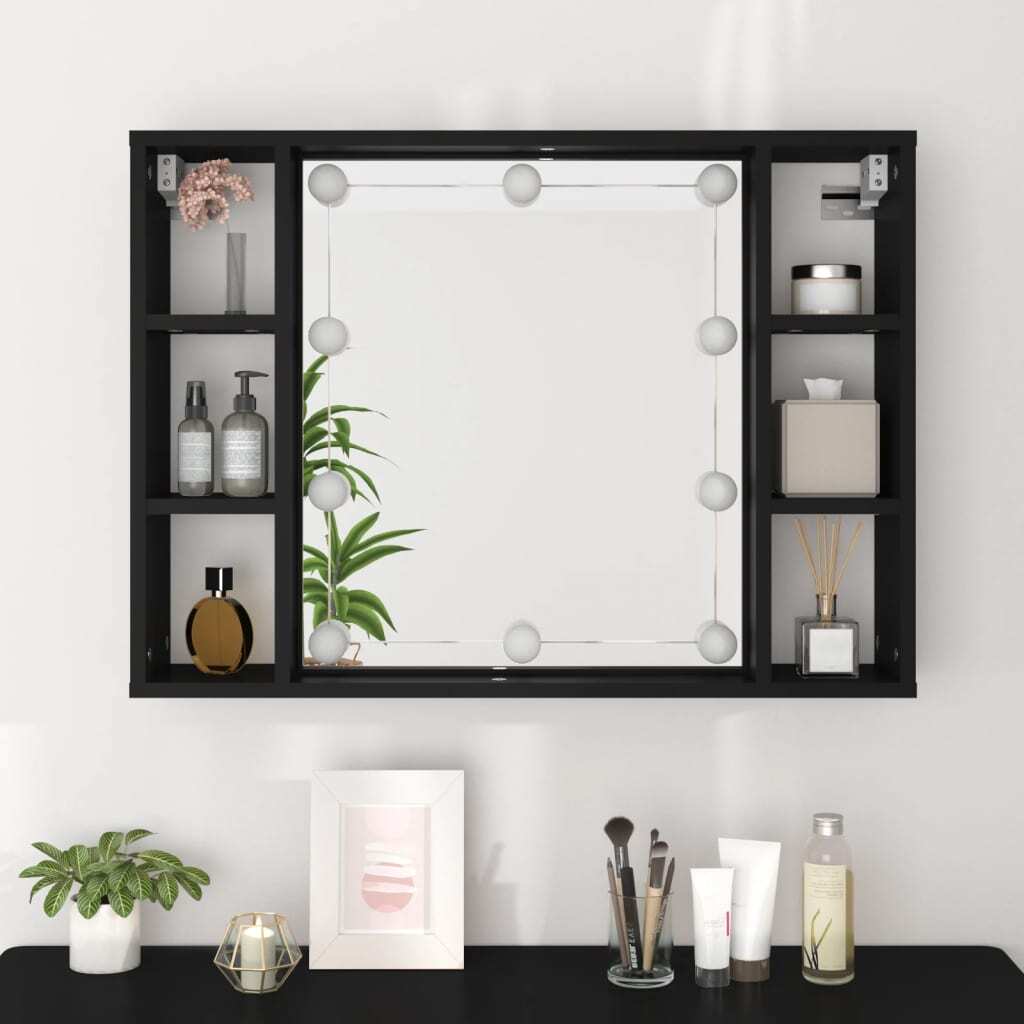 Mirror Cabinet with LED Black 76x15x55 cm