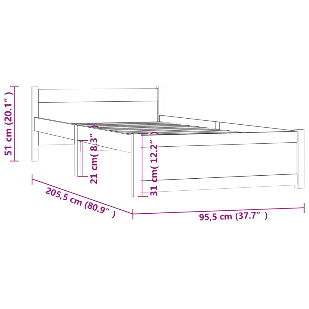 Bed Frame without Mattress Black Solid Wood 90x200 cm