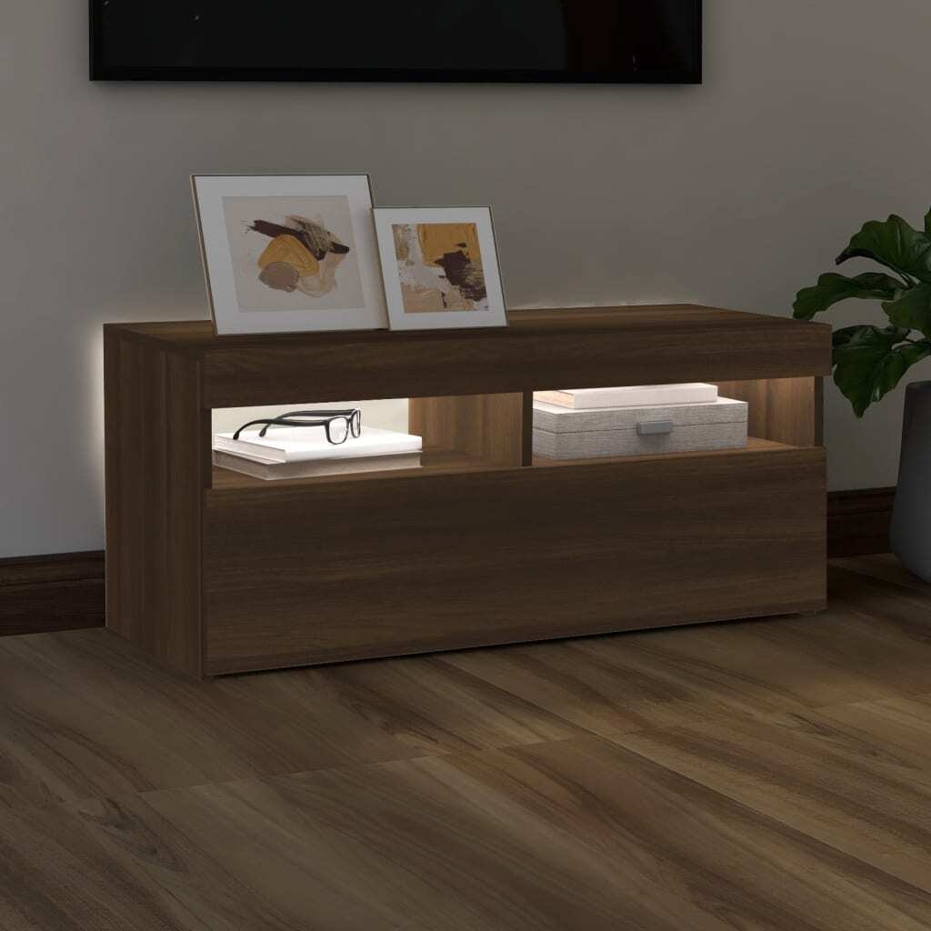 TV Cabinet with LED Lights Brown Oak 90x35x40 cm