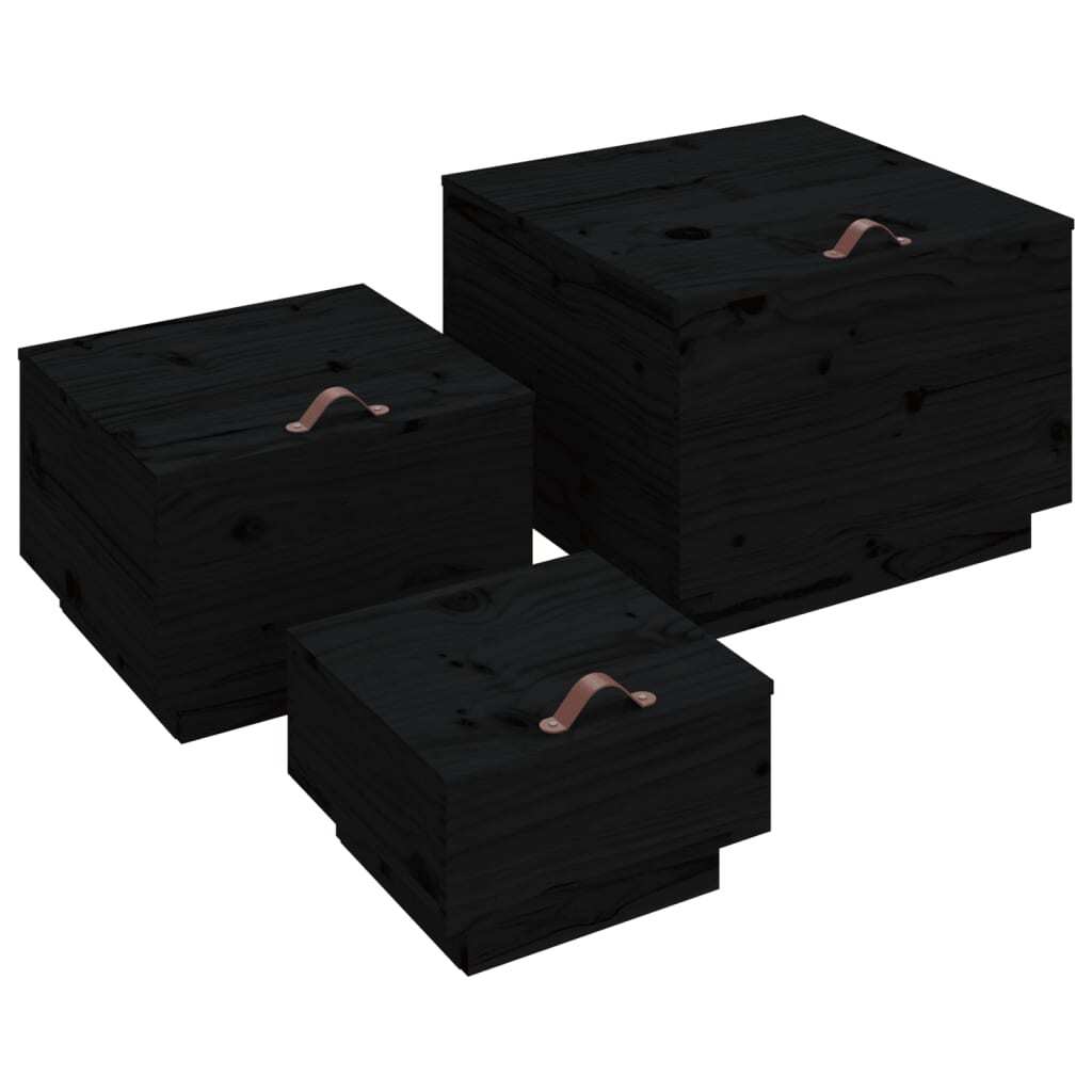 Storage Boxes with Lids 3 pcs Black Solid Wood Pine