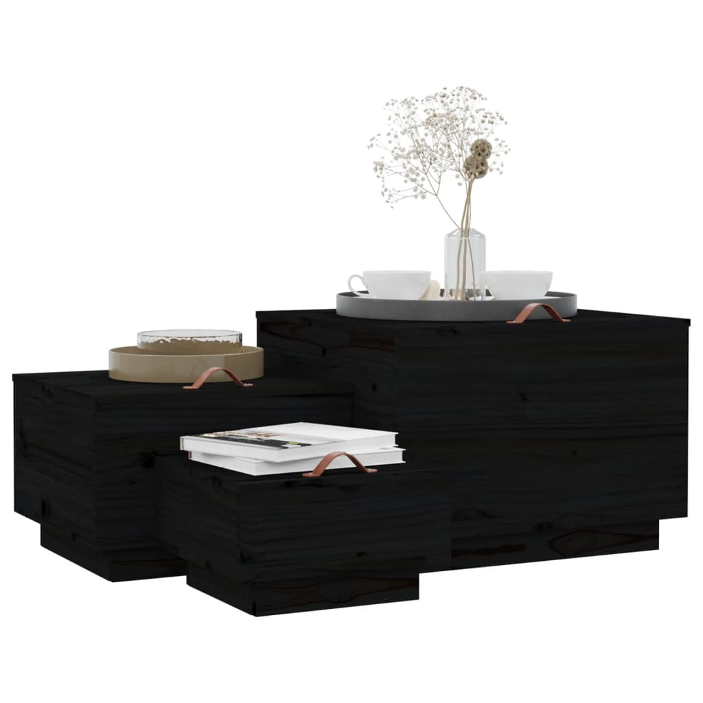 Storage Boxes with Lids 3 pcs Black Solid Wood Pine