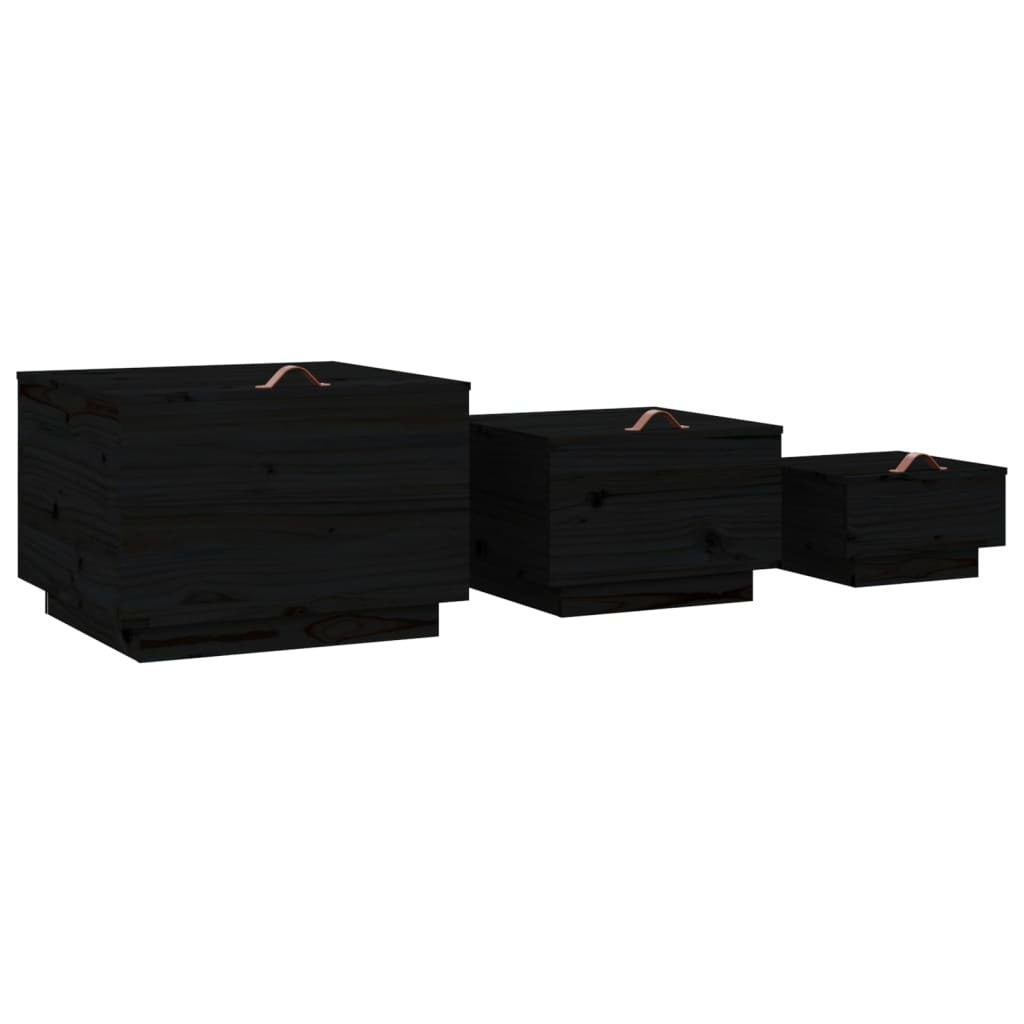 Storage Boxes with Lids 3 pcs Black Solid Wood Pine