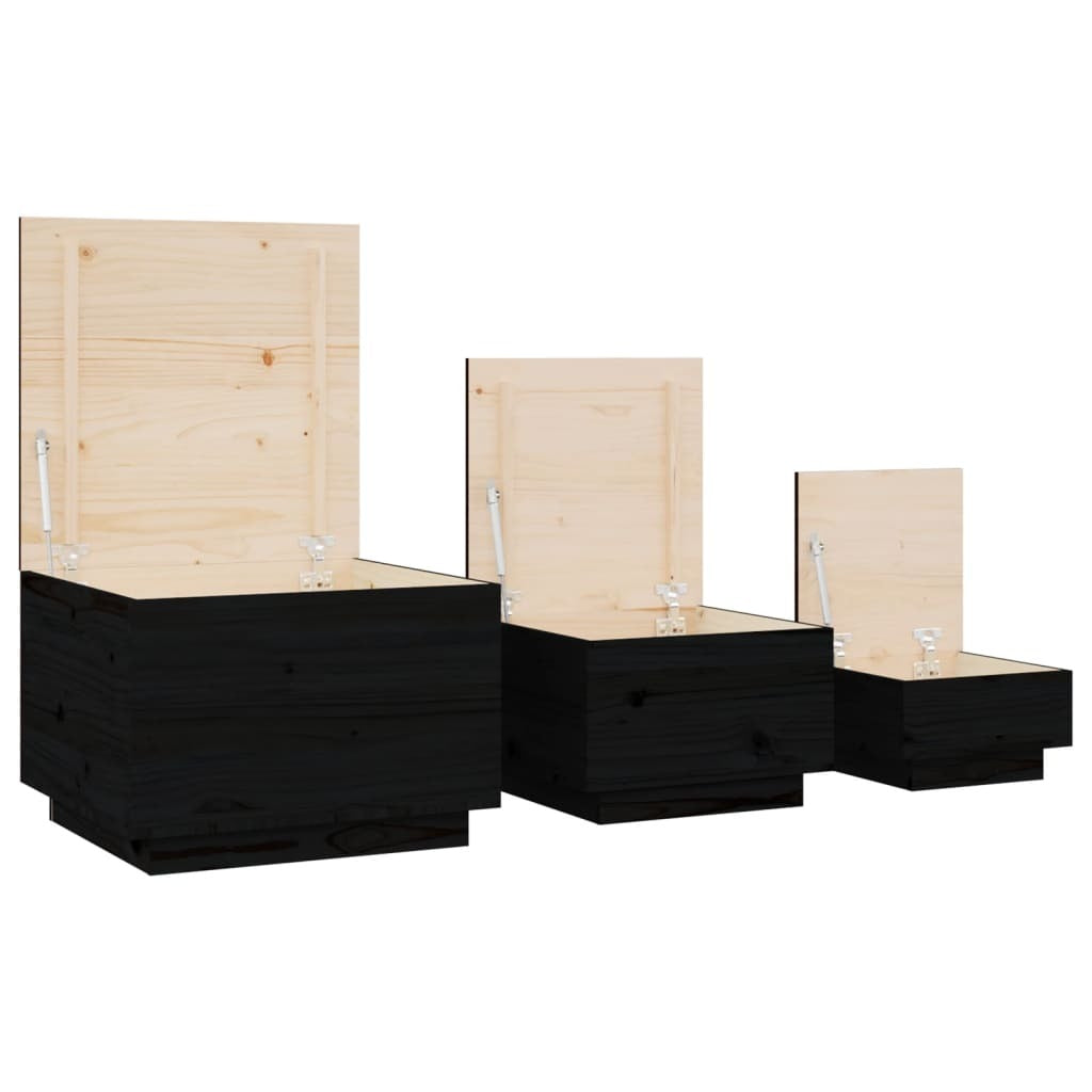 Storage Boxes with Lids 3 pcs Black Solid Wood Pine