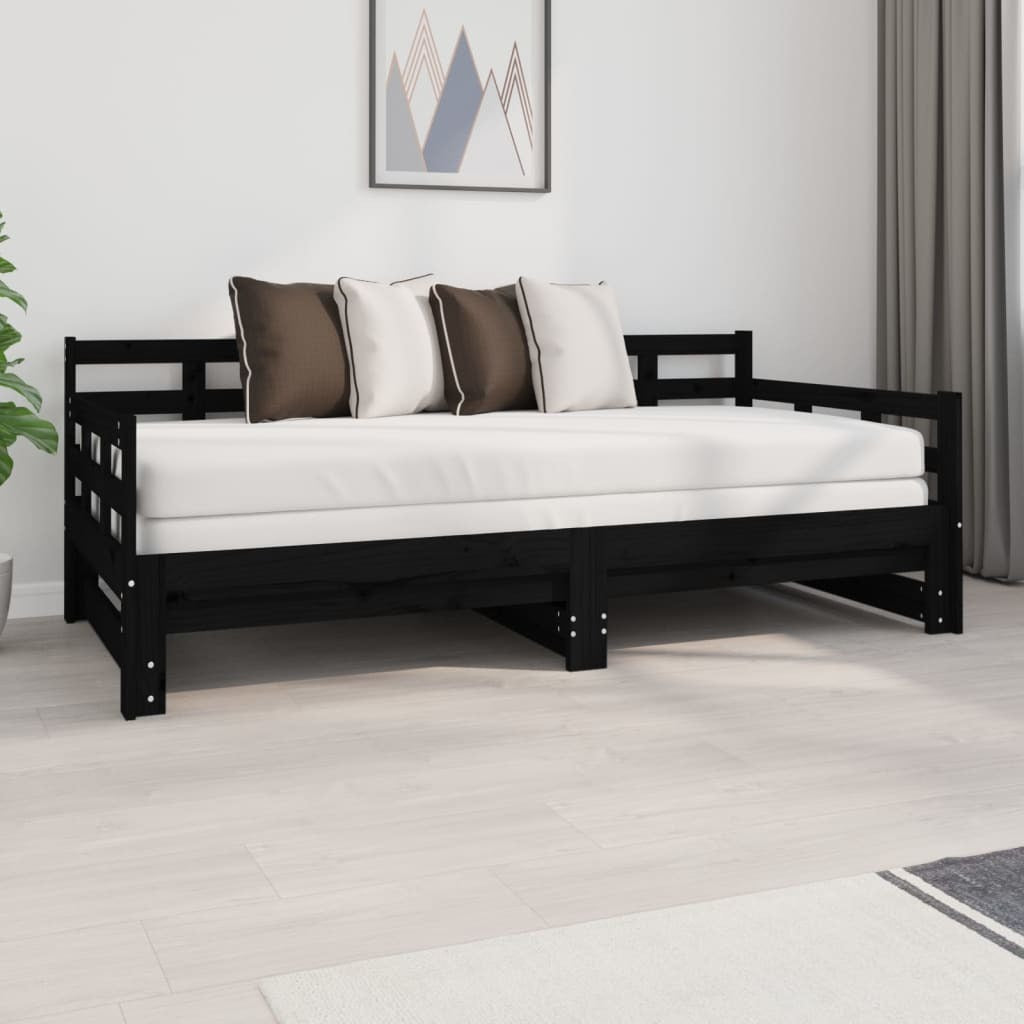 Pull-out Day Bed Black Solid Wood Pine 2x(90x190) cm