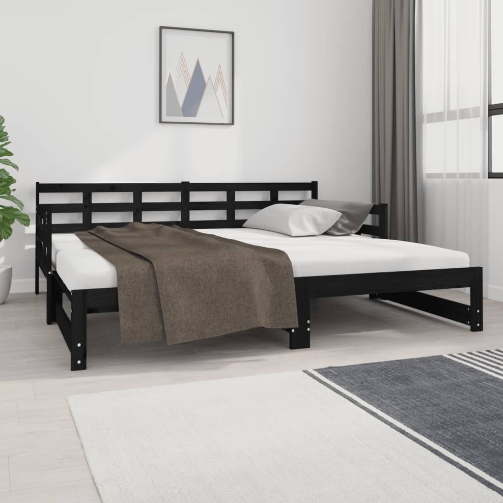 Pull-out Day Bed Black Solid Wood Pine 2x(90x190) cm