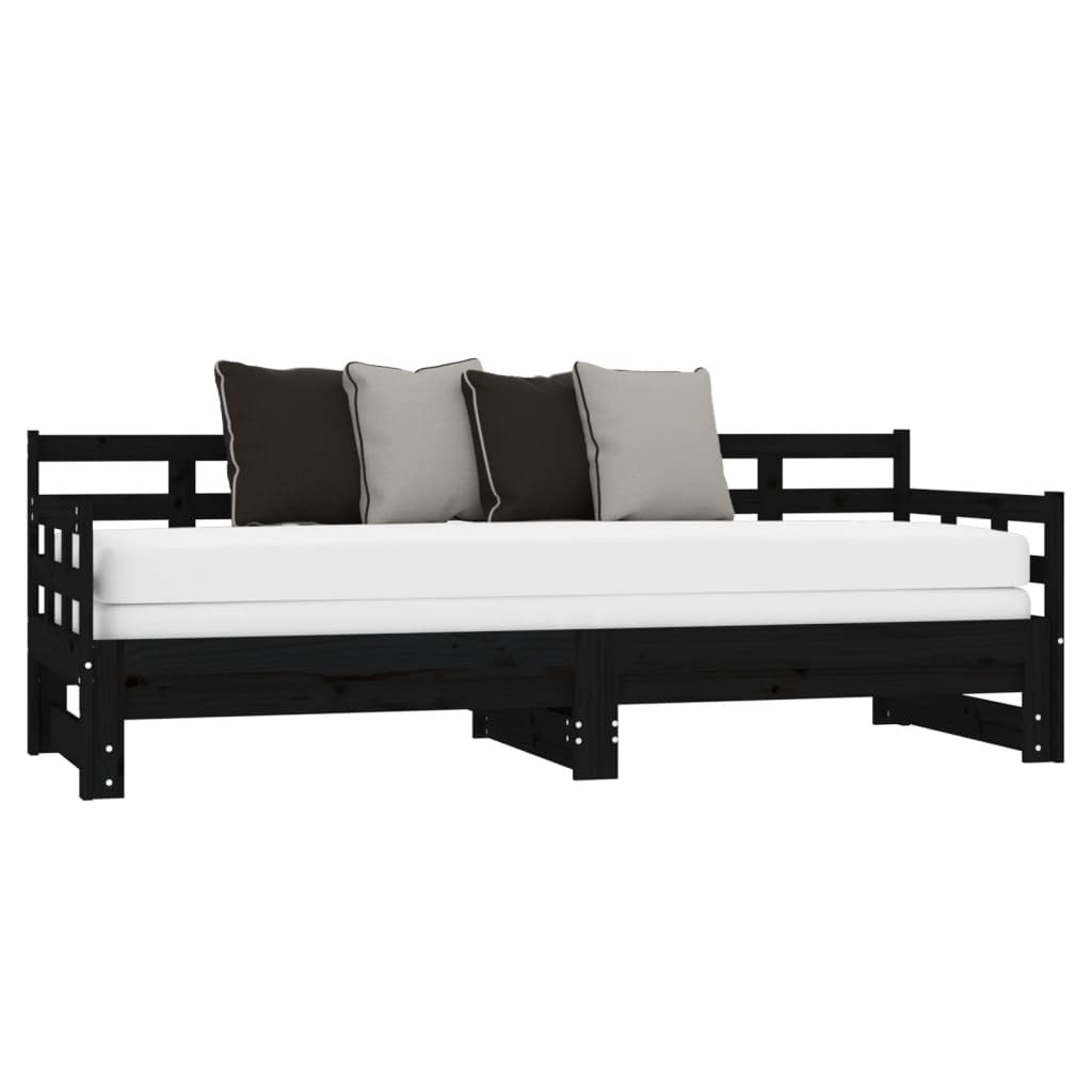 Pull-out Day Bed Black Solid Wood Pine 2x(90x190) cm