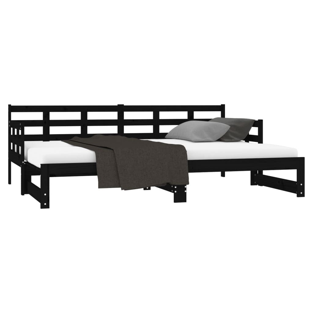 Pull-out Day Bed Black Solid Wood Pine 2x(90x190) cm