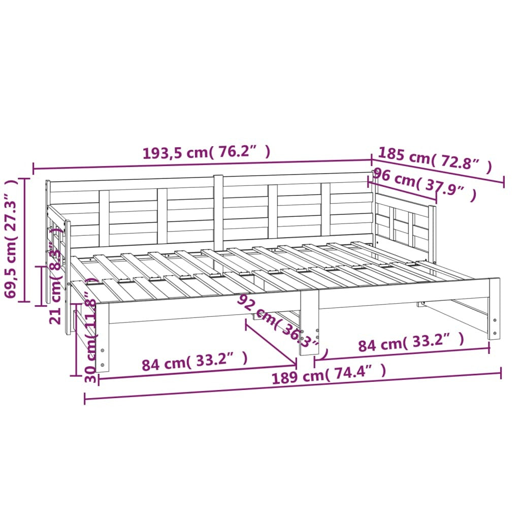 Pull-out Day Bed Black Solid Wood Pine 2x(90x190) cm