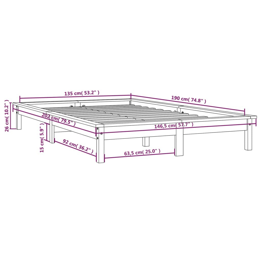 Bed Frame Black 135x190 cm Double Solid Wood Pine