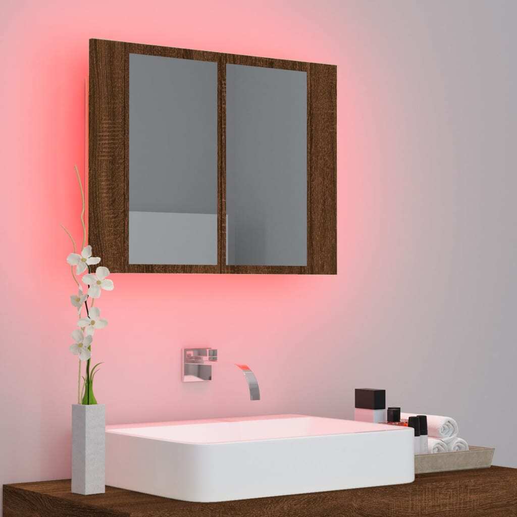 LED Mirror Cabinet Brown Oak 60x12x45 cm Engineered Wood