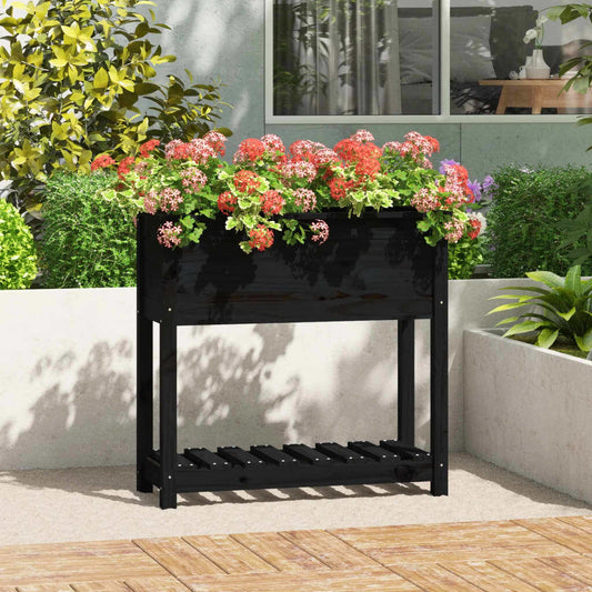 Planter with Shelf Black 82.5x34.5x81 cm Solid Wood Pine