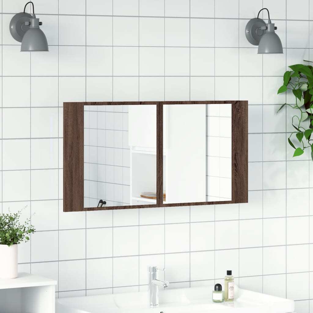 LED Bathroom Mirror Cabinet Brown Oak 90x12x45 cm Acrylic