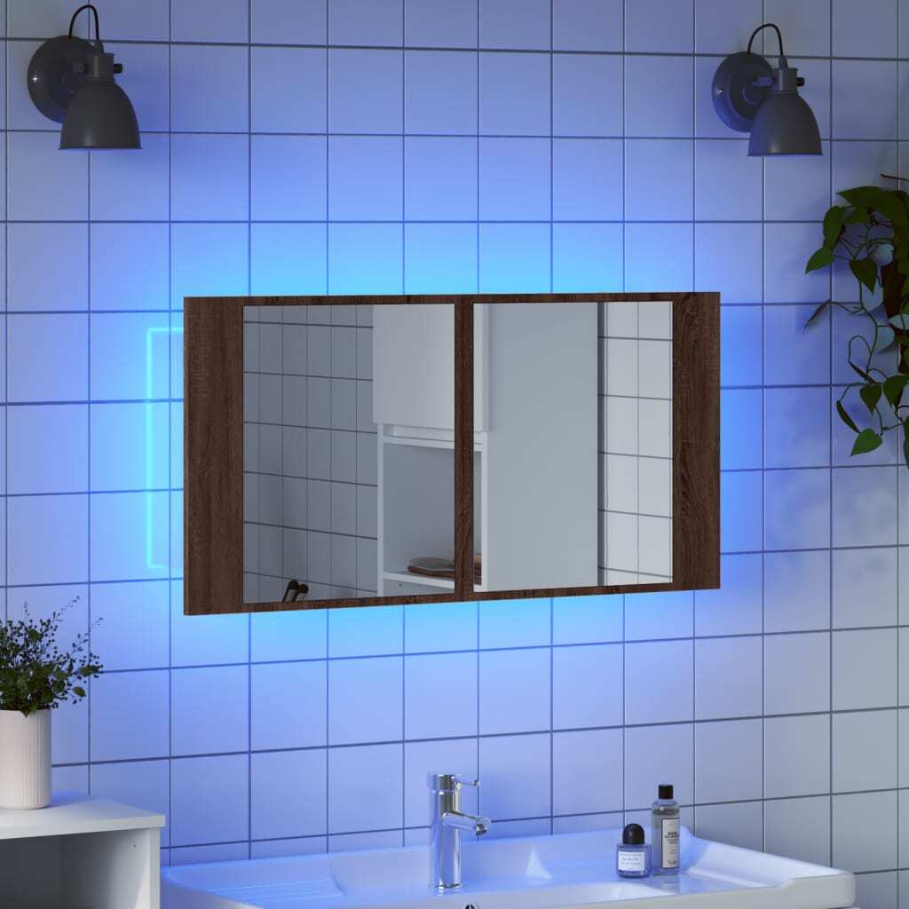 LED Bathroom Mirror Cabinet Brown Oak 90x12x45 cm Acrylic