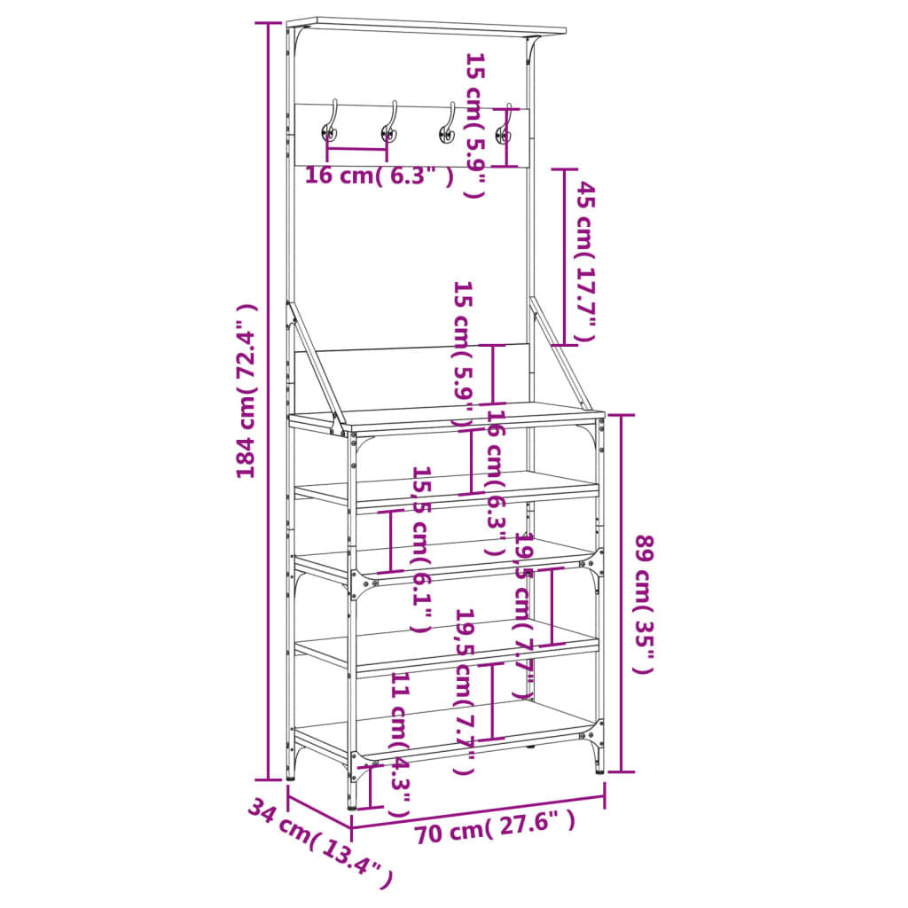 Clothes Rack with Shoe Storage Sonoma Oak 70x34x184 cm