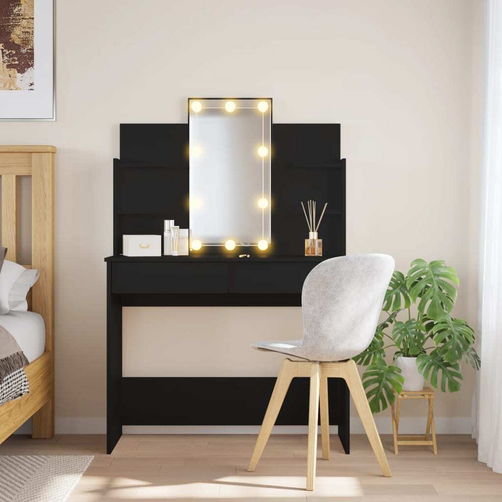 Dressing Table with LED Lights Black 96x40x142 cm