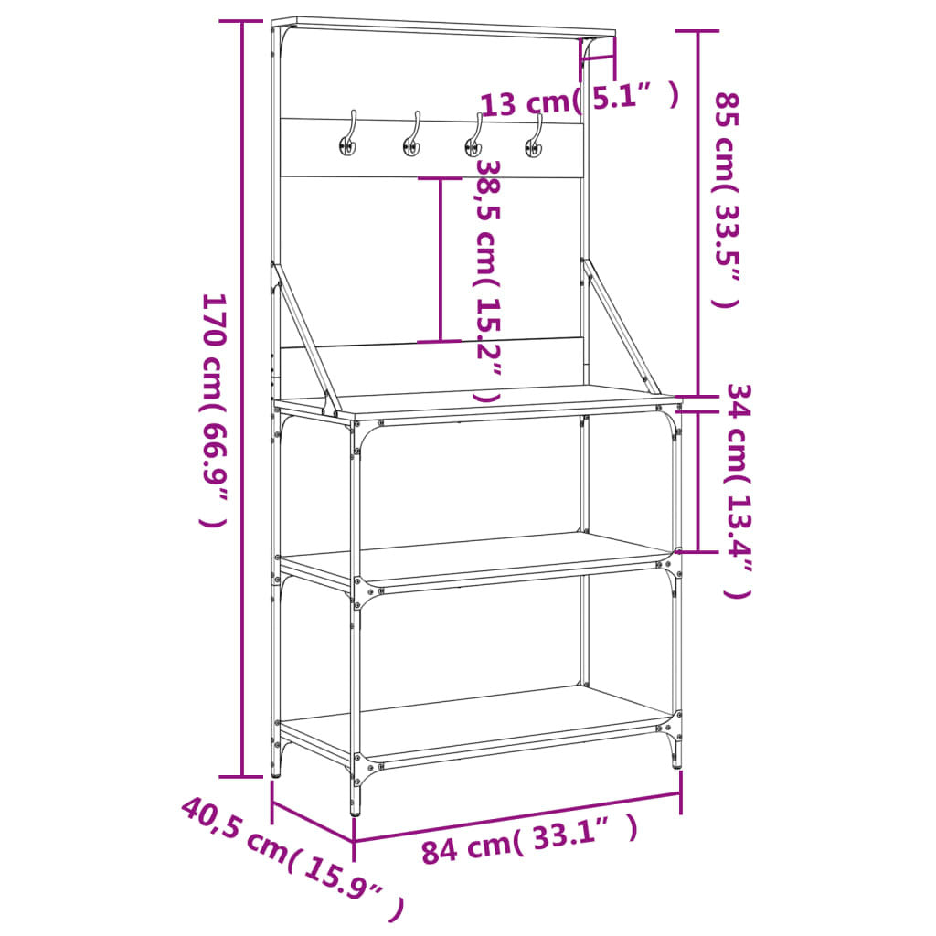 Baker's Rack with Hooks 4-Tier Black Engineered Wood