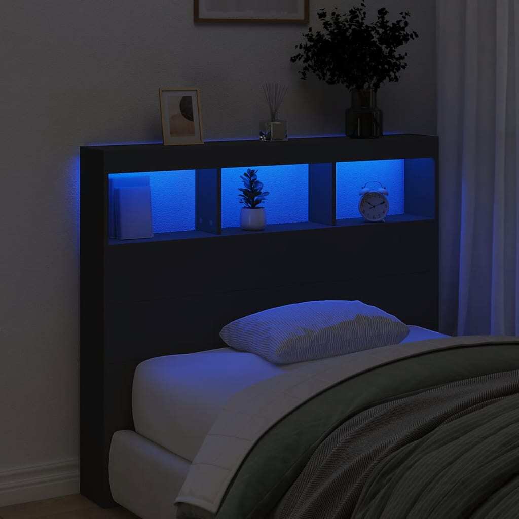 Headboard Cabinet with LED Black 120x17x102 cm